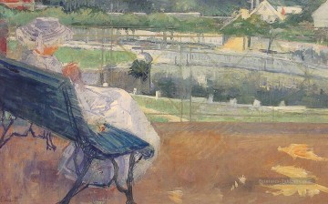  Assis Tableaux - Lydia assise sur un porche Crocheting mères des enfants Mary Cassatt